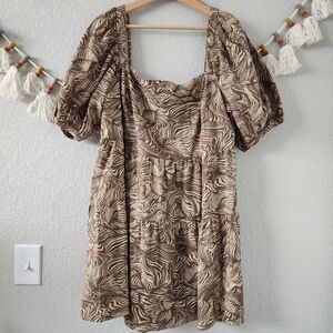 House Of Harlow Linen Blend Puff Sleeve Square Neck Swirl Babydoll Dress Boho XL